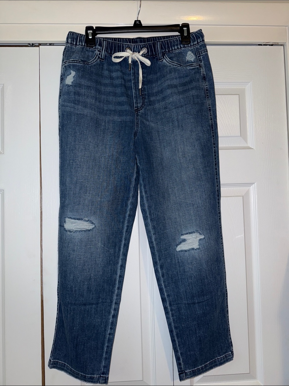 Aerie Drawstring Straight Leg Jeans Women’s Blue Medium Wash Relaxed Distressed
